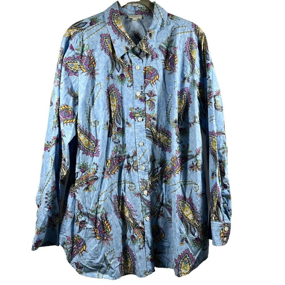 Talbots Women's Blouse Size 1X Blue Colorful Paisley Long Sleeve Button Up Top‎